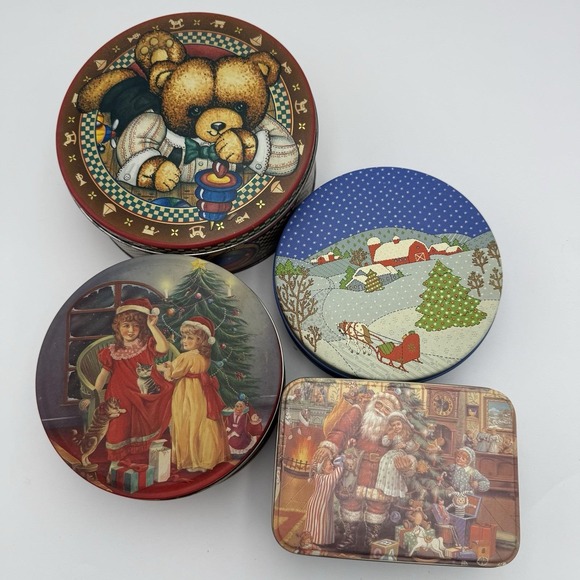 4 Vtg Christmas Metal Cookie Candy Tins Round MCM Santa Bear Toy Winter Snow - Picture 3 of 14